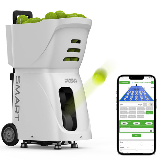 PUSUN Smart Tennis Ball Machine PT-Smart - APP Controlled Auto Feed, 12 Training Modes, 100 Ball Capacity, 4-6Hr Battery Life, Suitable for All Level Players(White)
