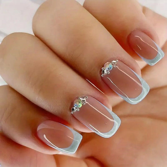 Medium Press On Nails Square Fake Nails French Tip False Nails With Rhinestone Design Full Cover Artificial Acrylic Nude Glue On Nail Glossy Stick On Nail For Women 24pcs