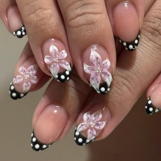 3D Flower Press on Nails Black French Almond Fake Nails with White Polka Dot Tip Cute Spring Glue on Nails,Nude Pink Full Cover Stick on Nails Polka Dot Nails Press ons for Women
