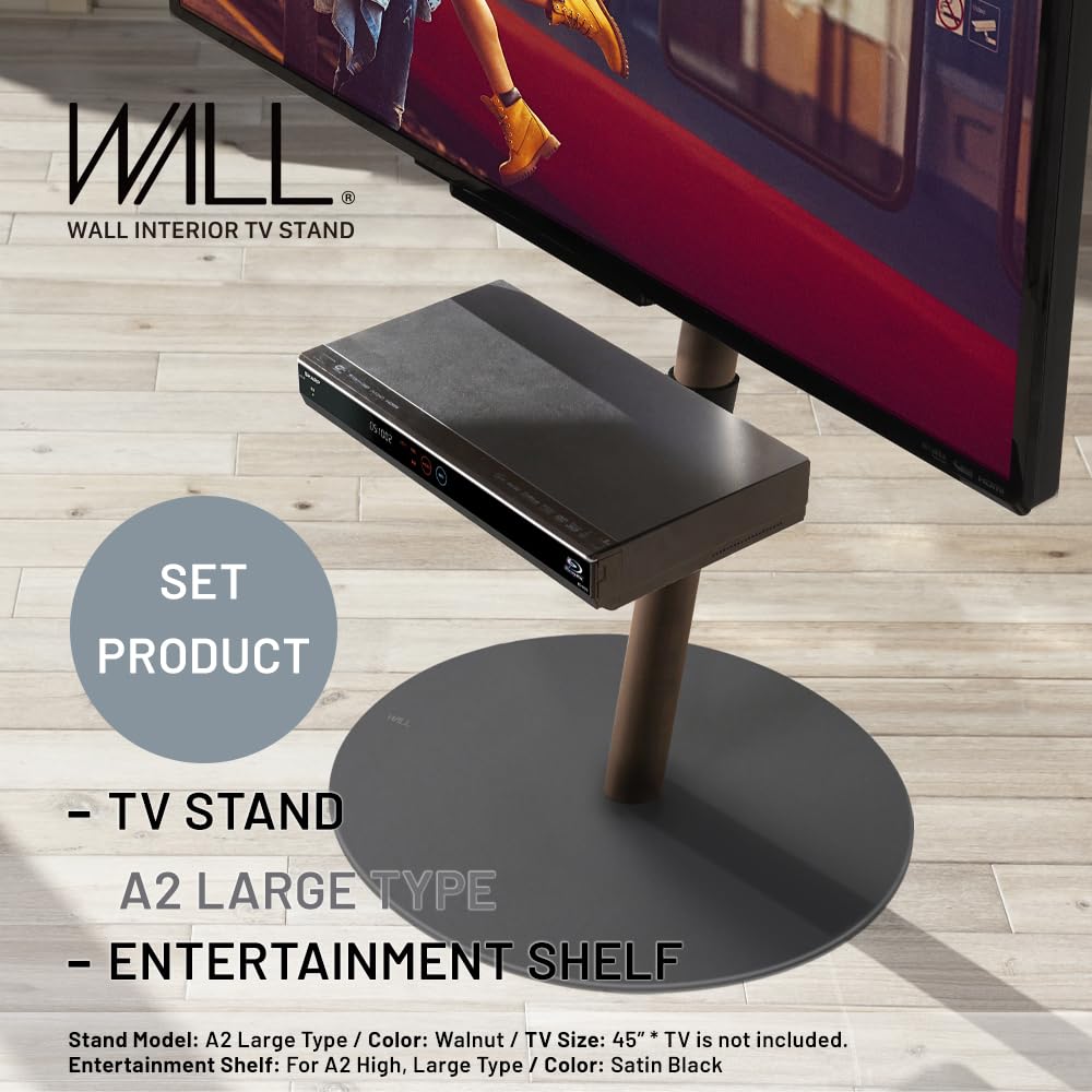 WALL A2 Large Type TV Stand w/ Entertainment shelf Black SET | Japanese Rolling Portable TV Stand with Concealed Caster Wheels for 45-80 Inch | Sleek Shelf | Walnut
