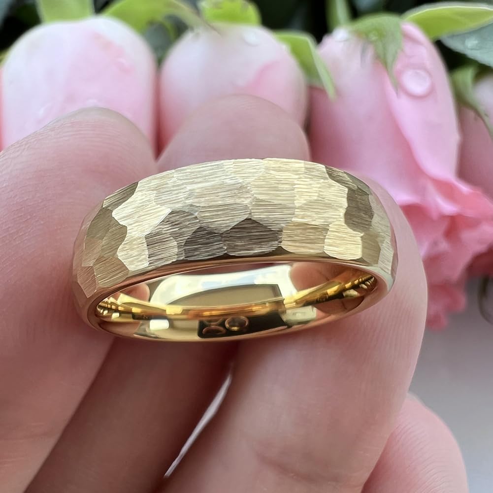 TUTISS 6mm Gold Hammered Tungsten Rings for Men Women Engagement Wedding Bands Domed Matte Finish Comfort Fit Size 7