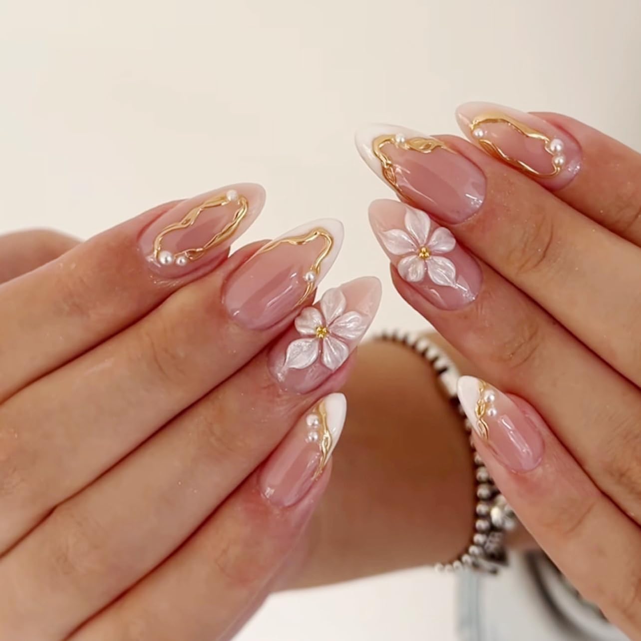 CTTHNBD Medium Press on Nails Almond - White French Tip Fake Nails with Flower Design - Gold Stripes Stick on False Nails - for Women 24 Pcs