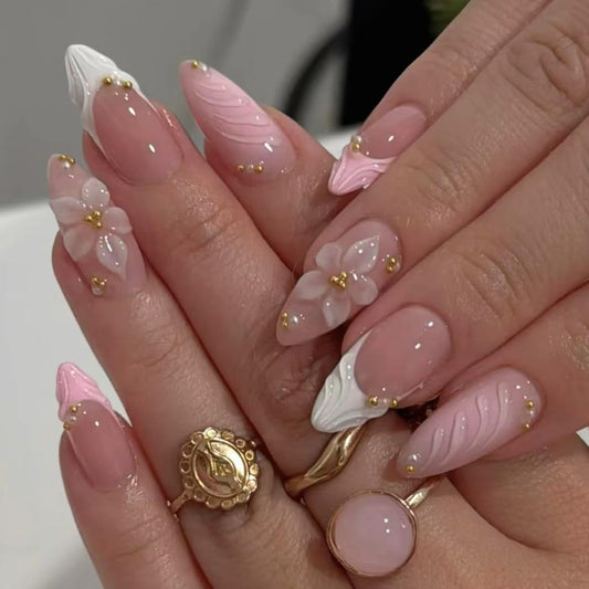 Handmade French Tip Press on Nail Almond Fake ons with Designs Chrome False Nails Long Glossy Full Cover Glue on Nails Stick Women Nails Manicure Decoration 10Pcs (MT-169-L)