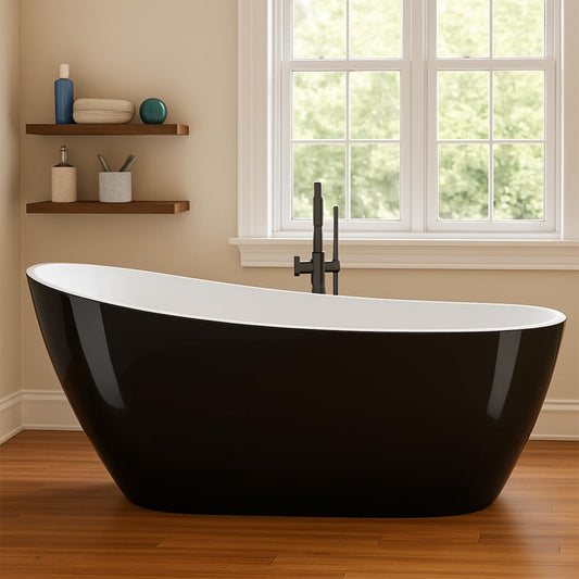 67" Acrylic Freestanding Bathtub, Black Exterior White Interior, Acrylic Stand Alone Tub with Chrome Drain, Spa Bath