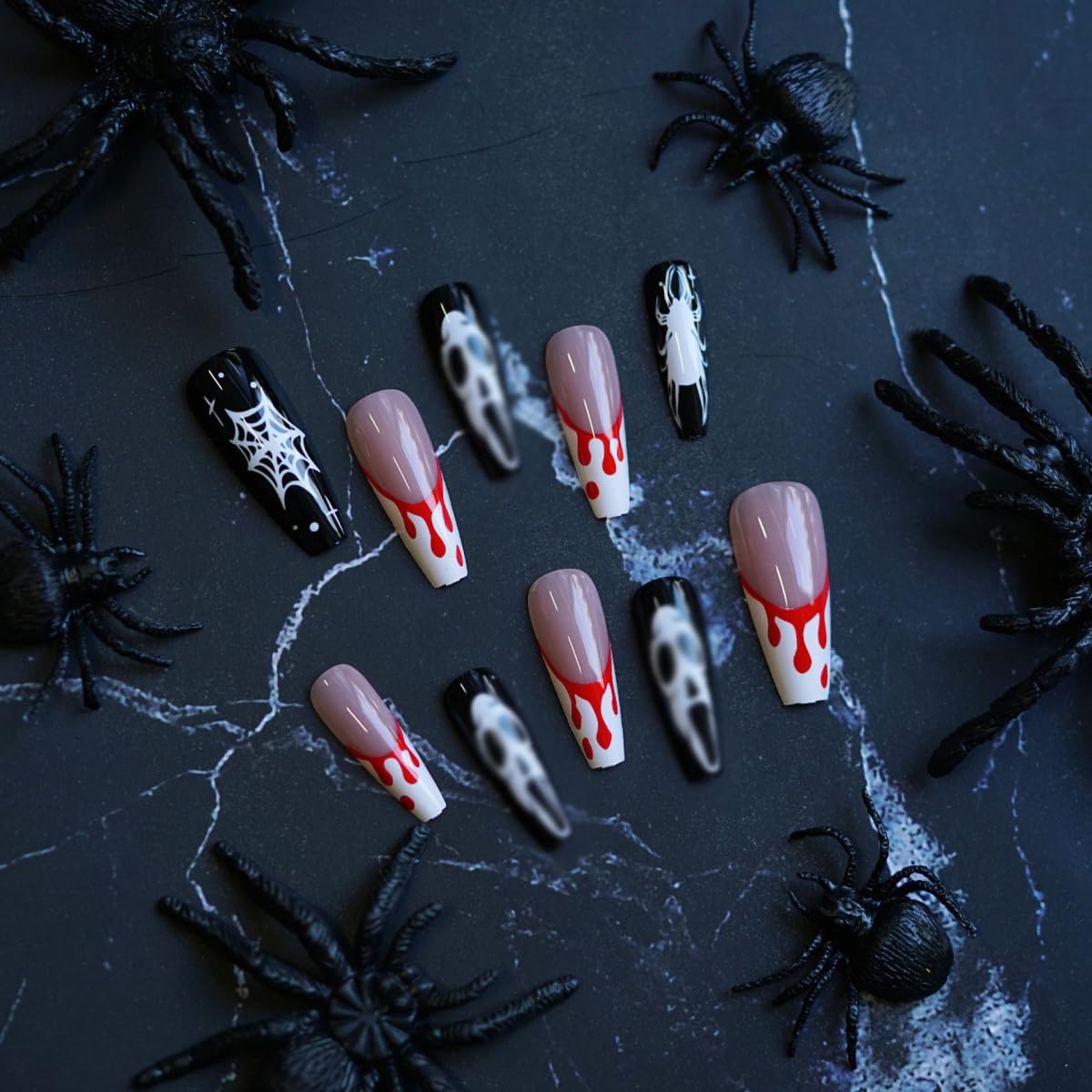 Halloween Press on Nails Long Coffin Fake Nails Horror Ghost Blood False Nails White French Tip Design Stick on Nails Artificial Reusable Full Cover Acrylic Glue on Nail for Women Manicure 24Pcs