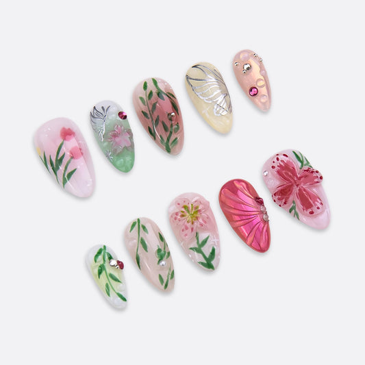 SIYOU Beauty | Radiant Garden | Pink and Green Floral Short Almond Press On Nails for Women (Small) - Reusable, Salon-Quality Fake Nails (10pc)
