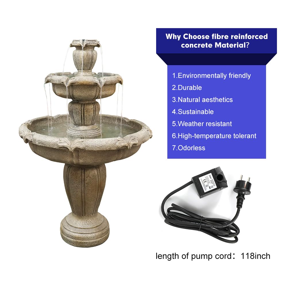 SunJet 48” High Modern Concrete Outdoor Water Fountain - 3 Tiered Large Floor Water Fountain and Waterfalls with Electric Pump for Garden, Patio, Yard, and Deck Decor, Featuring Natural Stone Look