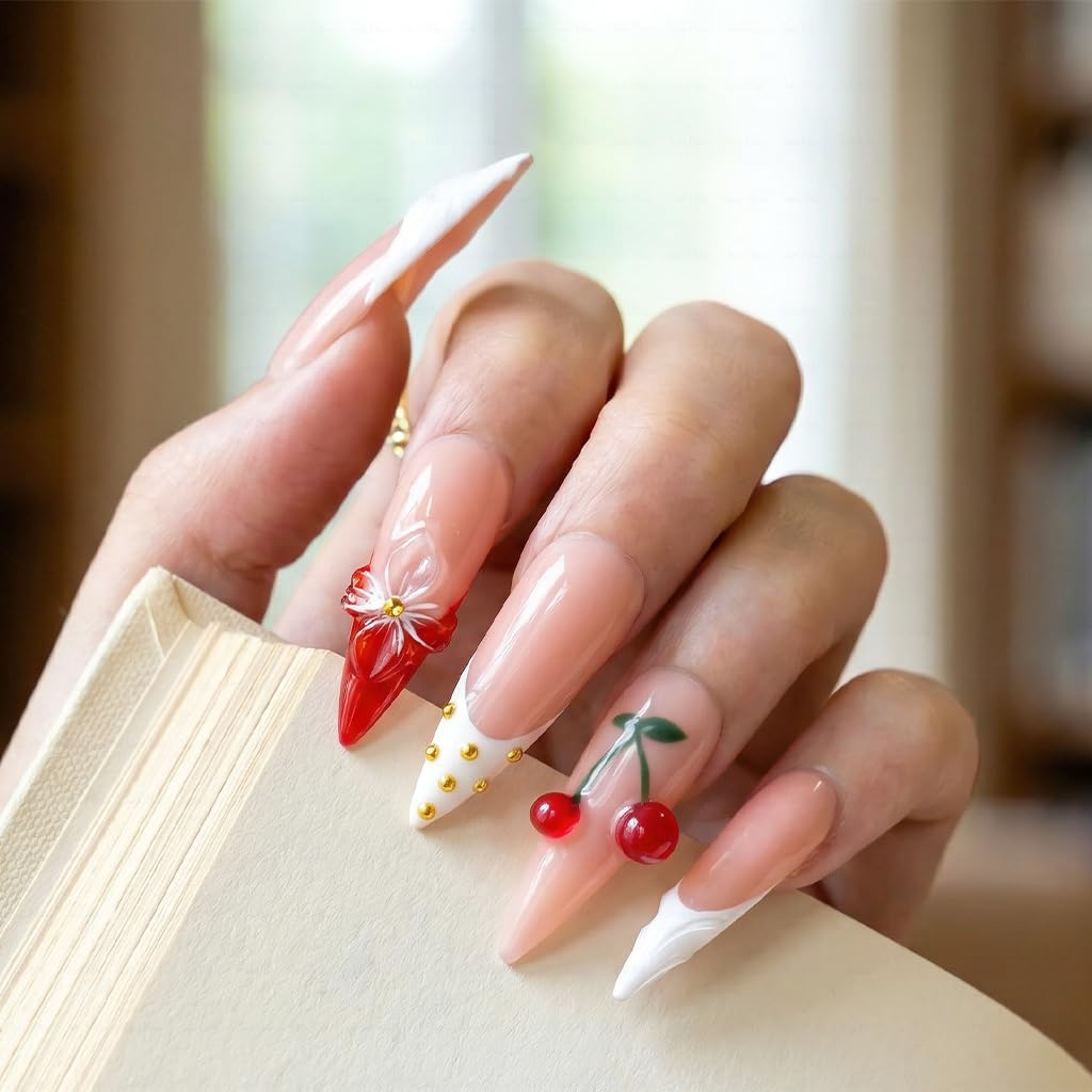 IntoVibes 10 Pieces Handmade Long Almond Press On Nails, White Thickened French False Nails, 3D Flowers And Cherries, Reusable Fake Nails Almond, Reusable Acrylic Nails (M)