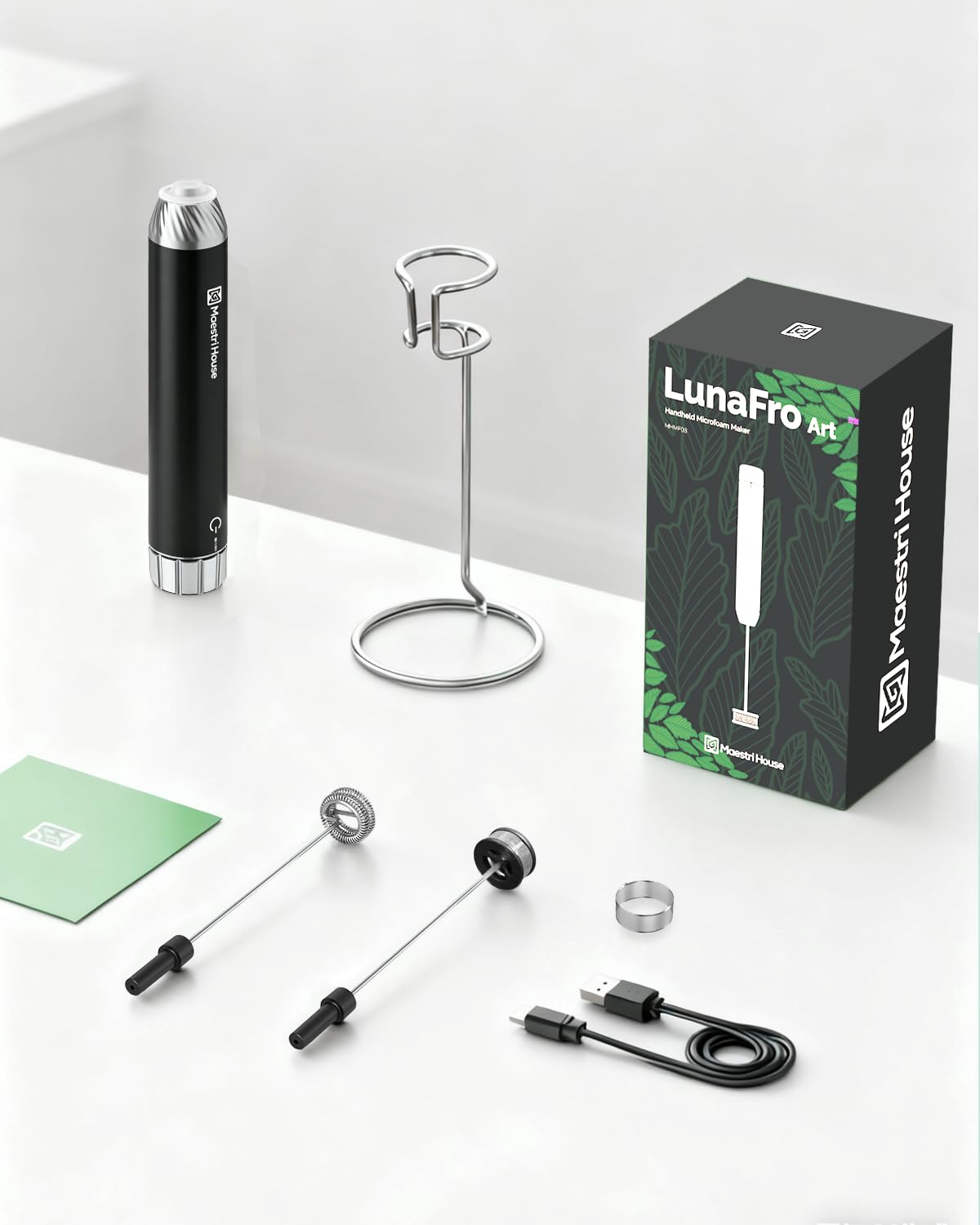 Maestri House Barista-Grade Milk Frother, LunaFro Art Rechargeable Handheld Frother with Stepless Speed Control, Silicone Dot-Pad with IPX6 Waterproof, Latte Art-Level Microfoam for Latte & Flat White