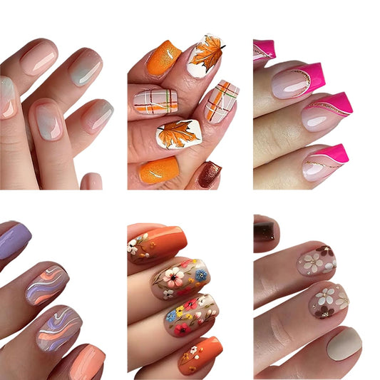 6 Packs (144 Pcs) Press on Nails Short Square Fake Nails Flower False Nails with Designs Spring Summer Floral Glue on Nails Full Cover Glossy Acrylic Stick on Nail for Women Manicure