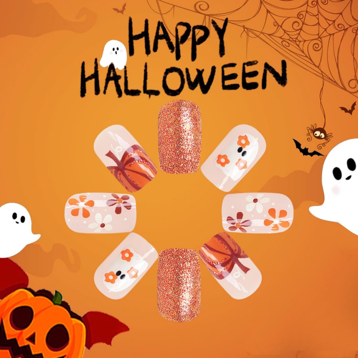 24Pcs Halloween Press on Nails Short Square Fake Nails Cute Ghost Nails Press Ons Pumpkin Orange Glitter Design Stick on Nails Artificial Full Cover Acrylic Glue on Nail for Women Girl Manicure