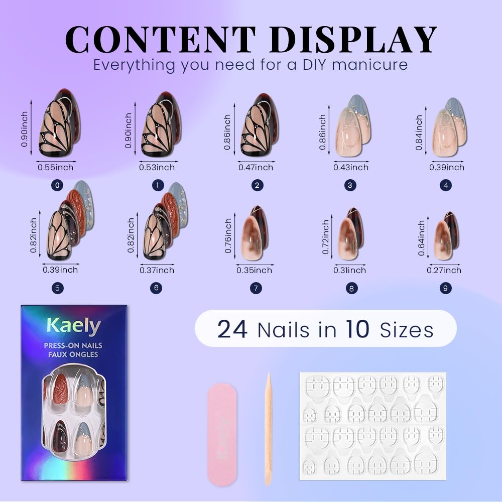 evpct 3D Press on Nails Short Almond No Glue with Design, 3D Wave Blue French Tip Stick on Nail for Women, Reusable Full Cover Press on Fake Nail Perfectly Fit with Butterfly Wing Gold Line Design