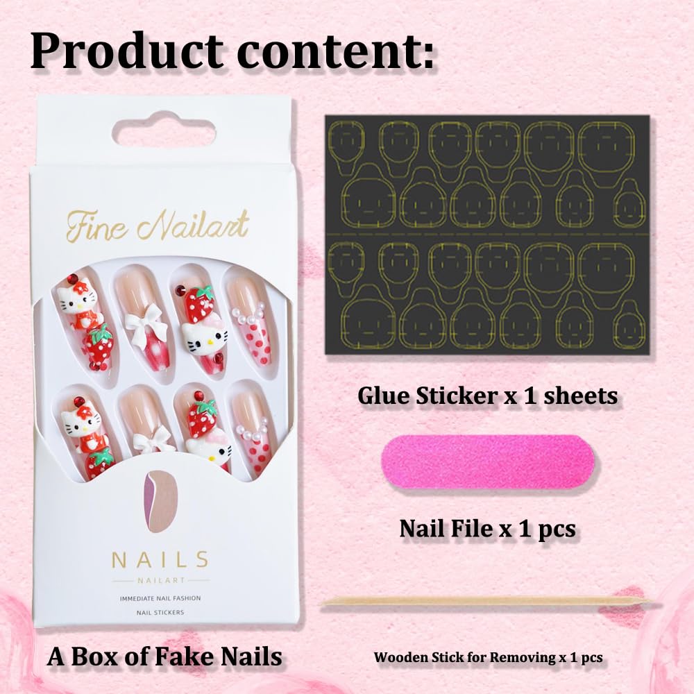 French Tips Press on Nails Long Coffin Fake Nails with Cute Cat Bows Nail Charms Strawberry Nail Charms Stick on Nails French Full Cover False Nails for Women 24Pcs Strawberry Press on Nails