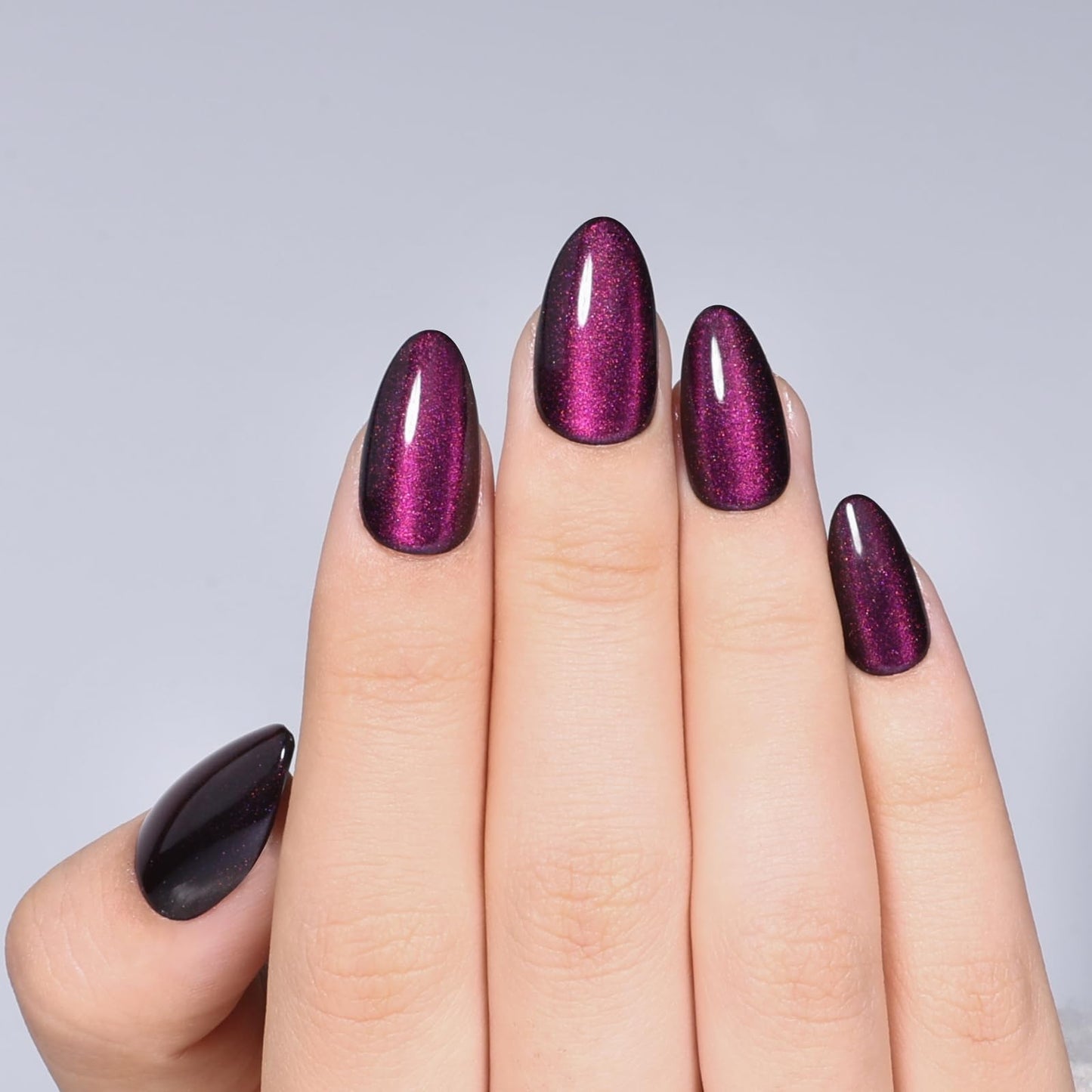 Purple Cat Eye Press On Nails - Short Almond Cat Eye Nails Press Ons for Women Fake Nails with Glue, Glossy Reusable Glue on Nail in 16 Sizes - 32pcs