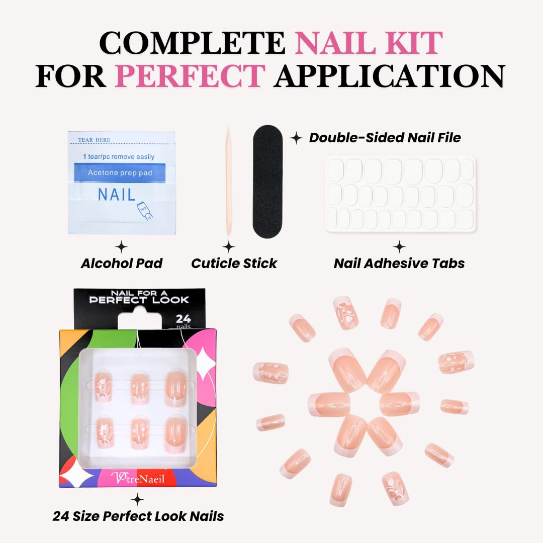 PerfectLook Press On Nails - Floral French | No Glue One-Day Medium Square Nails, Nude Glossy Nails with Flower Tips - 24 Pcs Nail Kit with Adhesive Tabs