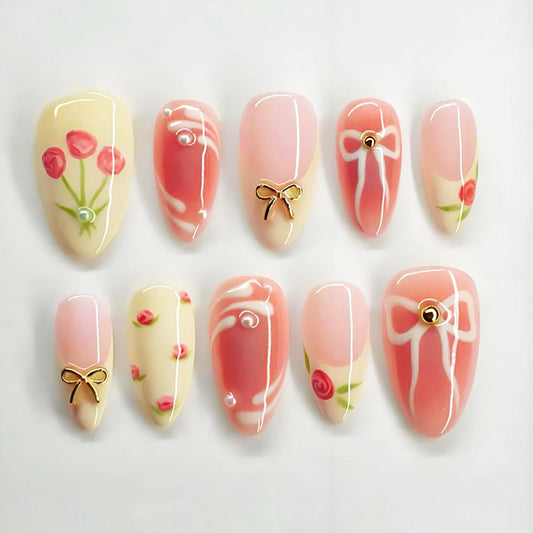 24Pcs Spring Press on Nails Medium Almond Fake Nails with 3D Bow Designs Rose Flower False Nails Reusable Bow Acrylic Nails Floral French Tip Full Cover Stick on Nails for Women