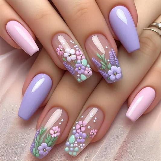 Spring Purple Floral French Press on Nails Medium Ballet Fake Nails 3D Floral False Nails with Purple and Pink Design Glossy Spring Stick on Nails for Women Girls Manicure Decoration 24 pcs
