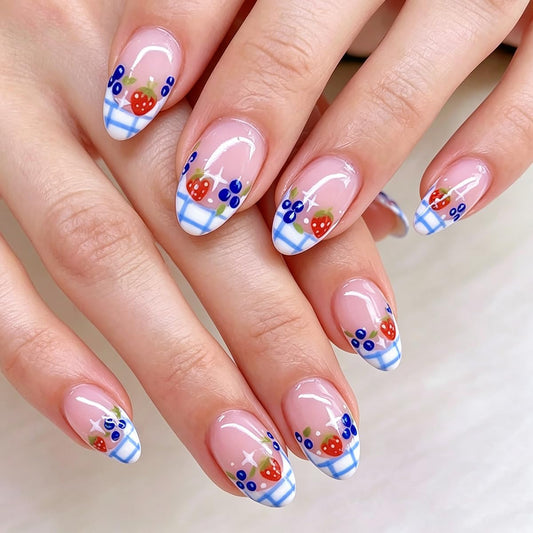 Short Oval Press on Nails French Tip Fake Nails with Cute Fruit Print, Blue Plaid Design Glossy Full Cover Stick on Nails Acrylic False Nails for Women Girls, Sweet Cottagecore Style 24Pcs