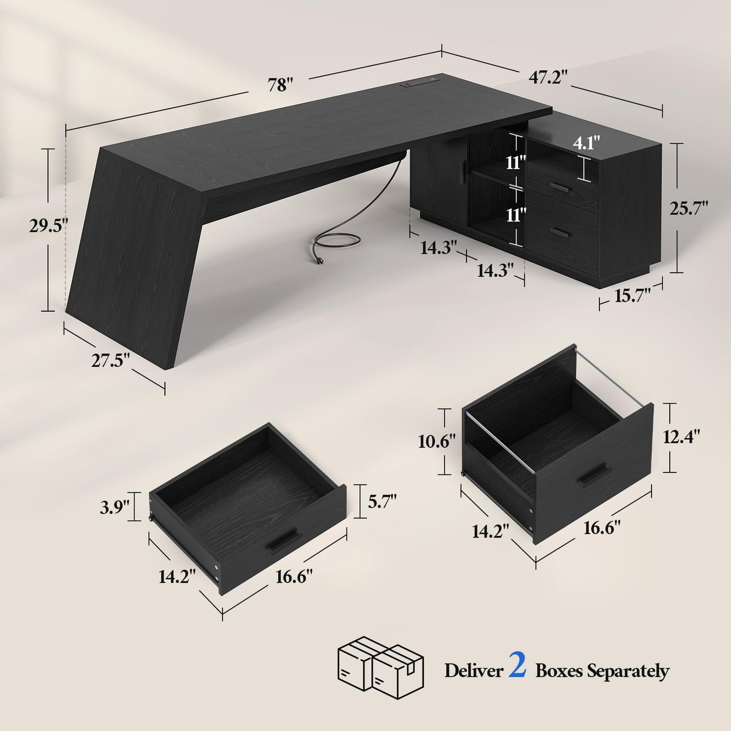 ANGRYWIN 78 inch L Shaped Executive Desk with Power Outlets, Large Home Office Desk with Storage Drawers and File Cabinet, Modern Computer Desk with Shelves, Black Business Furniture