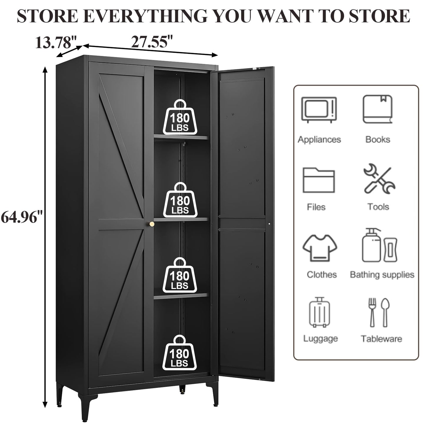 FATIGOS 65" H Kitchen Pantry Storage Cabinet, Black Metal Storage Cabinets with 2 Doors and Adjustable Shelves, Kitchen Storage Cabinet, Cupboard for Dining Room, Living Room and Bathroom
