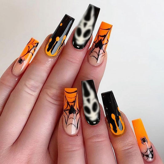 Halloween Press on Nails Long Square Fake Nails with Designs Spider Web Ghost Coffin False Nails Reusable Natural Artificial Stick on Nails for Women Manicure 24Pcs