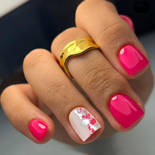 Rose Red Short Press on Nails Square Fake Nails with Designs Full Cover Glossy False Nails Artificial Acrylic Nail Press ons Reusable Short Nails Pink Glue on Nail for Women Manicure Kit 24Pcs