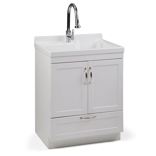 SIMPLIHOME Maile All-in-One 28 inch Wide Utility Sink and Laundry Cabinet in Pure White Finish, Transitional ABS Sink Cabinet for Laundry Rooms or Garage with High-Arch Chrome Faucet and Storage