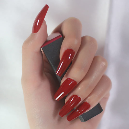 iBeautying Press on Nails - Christmas Chinese Red Solid Color False Nails | Ballerina Long Coffin Reusable Fake Nails in 10 Sizes - 24 Nail Kit with Jelly Glue Pad