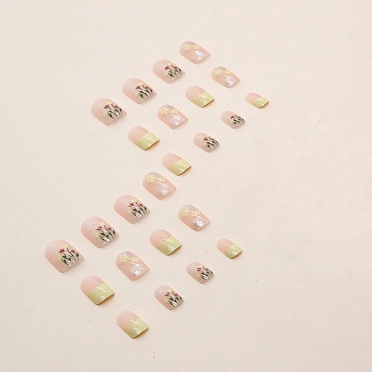 Tulip Press on Nails Short Square 24PCS Full Cover Reusable False Nails Kits, Glue on Nails with Flower Designs Artificial Glossy Fingernails Acrylic Fake Nails for Women Stick on Nails Coffin Shape