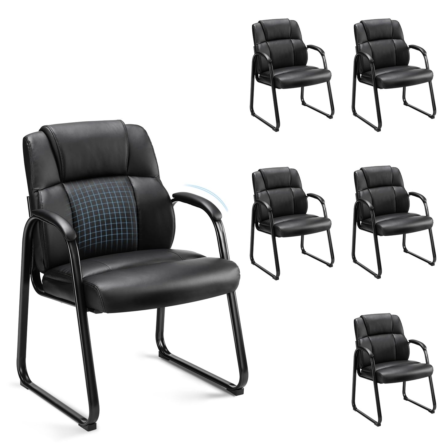 Sweetcrispy Waiting Room Guest Chair Set of 6, Leather Stationary Office Reception Chairs No Wheel, Comfy Padded Arms and Seld Base, for Conference Room Lobby Home Desk Bedroom Elderly, Black