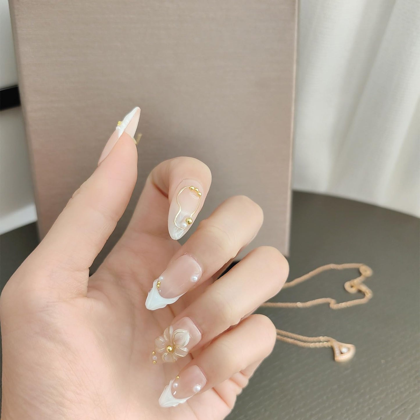 10Pcs Medium Almond Handmade Press On Nails | Easy Apply & Remove, Reusable Salon Quality Nails | Elegant Nude Fake Nails with 3D Floral, Wave French Tip & Pearl Gold Bead Accents(5U13, S)