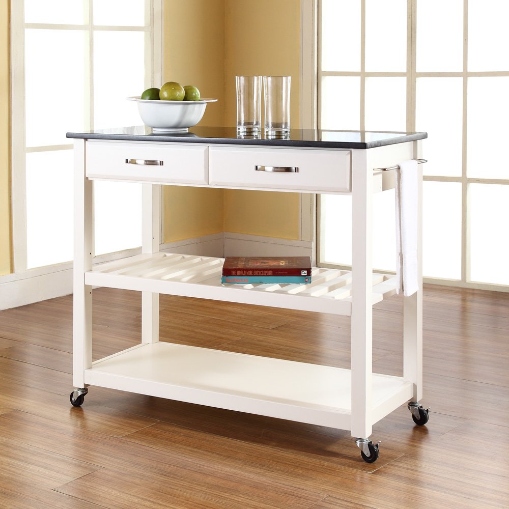 Crosley Furniture Granite Top Kitchen Prep Rolling Cart, Microwave Stand, Coffee Bar, with Shelves, White