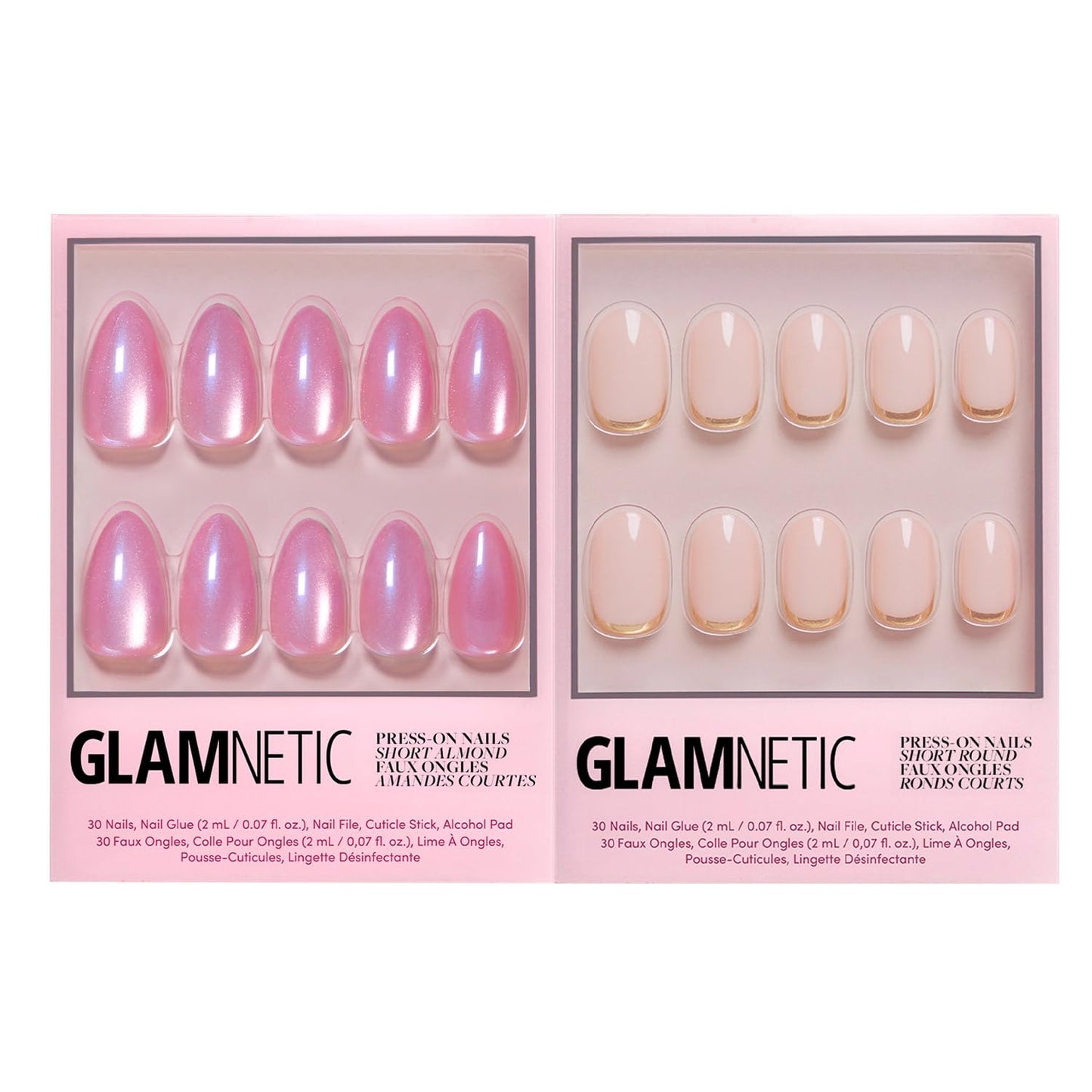 Glamnetic Press-On Nails Bundle - Seaspell & Goal Digger | Short Almond Pink Fake Nails with a Velvet Finish | Natural Short Round False Nails with Gold Foil | Reusable, Salon-Quality Nail Kits