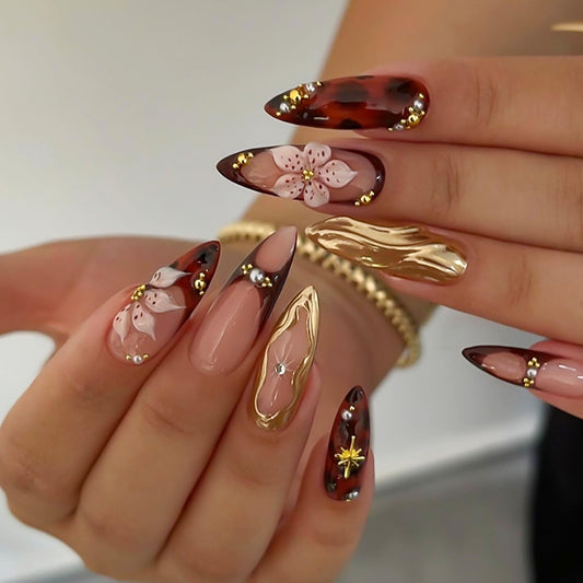 RUOKEXIN Long Press on Nails Almond Fake Nails French Tip False Nails with 3D Gold Designs Stiletto Nail Press ons Sparkly Artificial Nails for Women 24Pcs