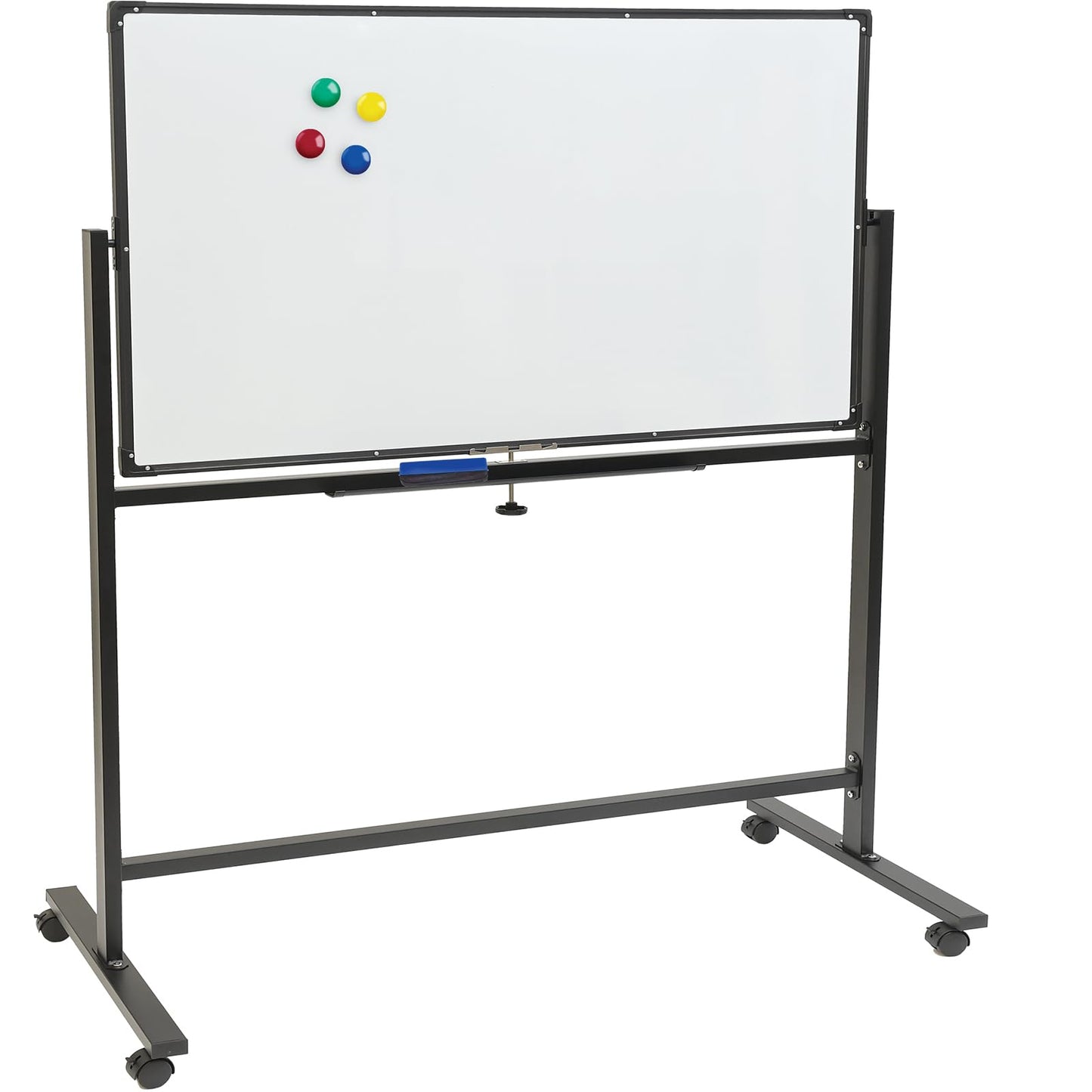 Excello Global Products Large 48"x32" White Board on Wheels: 1 Reversible Magnetic Dry Erase Board with Rolling Stand, 4 Dry Erase Markers, 1 Eraser, 4 Magnets, 1 Marker Tray (Black)
