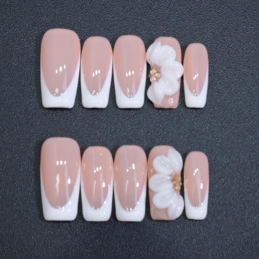 White French Tip Handmade Press on Nails Medium Square Fake Nails Muti-Layer Gel False Nails with 3D Flower Rhinestones Designs Thick Acrylic Nails Full Cover Stick on Nail for Women Nail DIY (Size M)