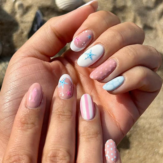 QUNQINLI French Tip Press on Nails Short Oval Fake Nails Press ons Nail Tips Kit with Fish Starfish Striped Design Summer Blue Pink False Nails Full Cover Nude Glossy Glue on Nails for Women 24 Pcs