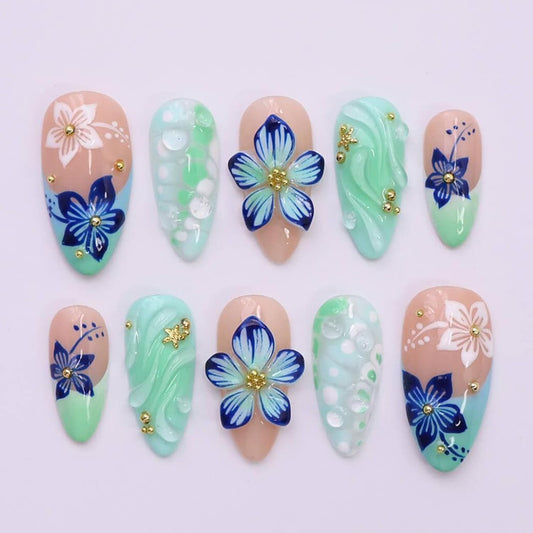 24Pcs Handmade Press on Nails Medium Almond Flower Fake Nails with 3D Gold Bead Starfish Design Spring Summer Acrylic Nails Glossy Green French Tip False Nails Blue White Floral Glue on Nail for Women
