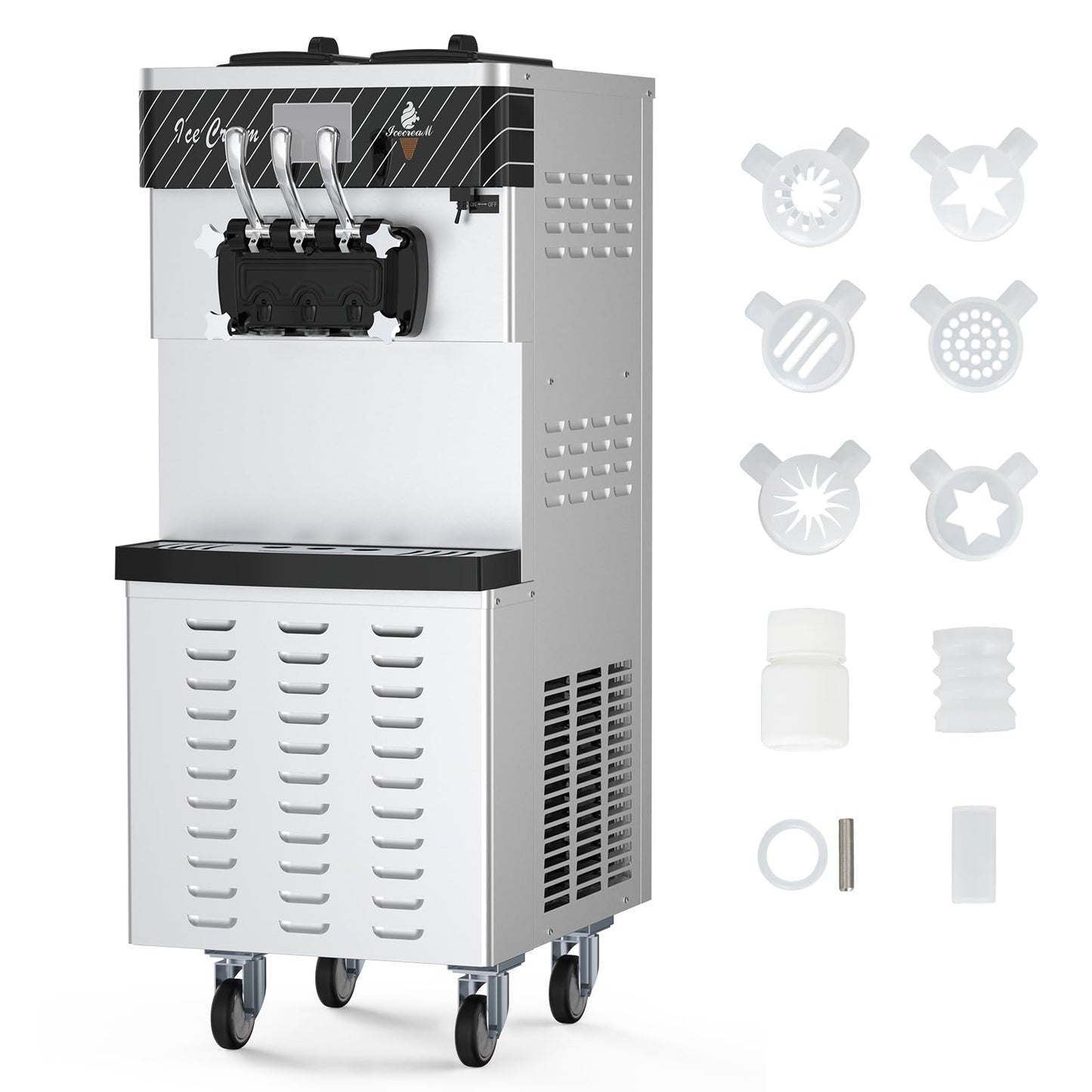 Commercial Ice Cream Machine 5.8 to 8 Gal/H Yield, 3 Flavor Ice Cream Maker with 7L Double Hoppers, LED Touch Panel, Auto Cleaning, Stainless Steel, Soft Ice Cream Machine for Gelato for Restaurants