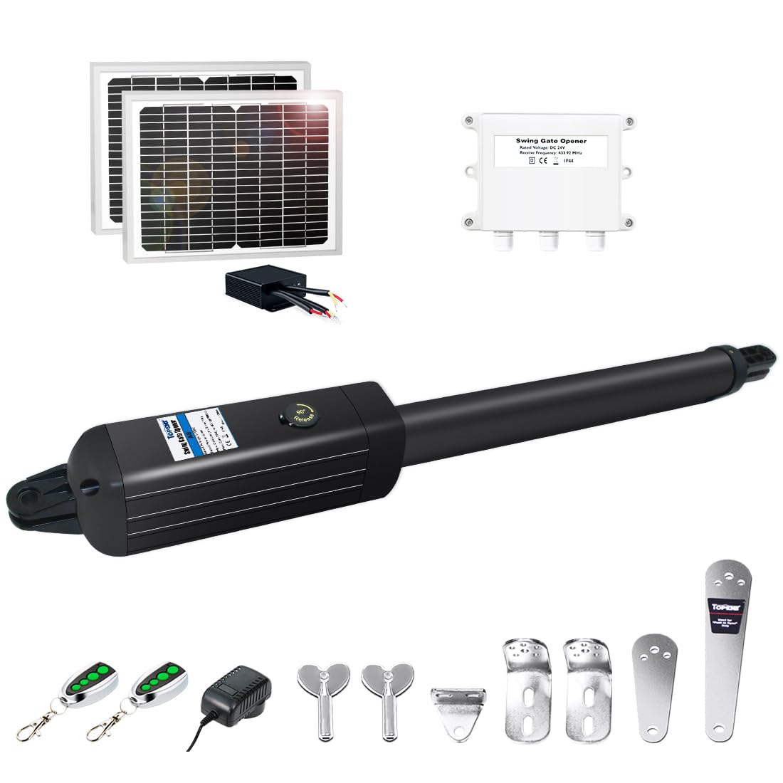TOPENS A8S Automatic Solar Gate Opener for Heavy Duty Single Swing Gate Up to 18ft, Single Swing Gate Operator Battery Powered with Remote Control Kit Gate Motor Solar Panel Included