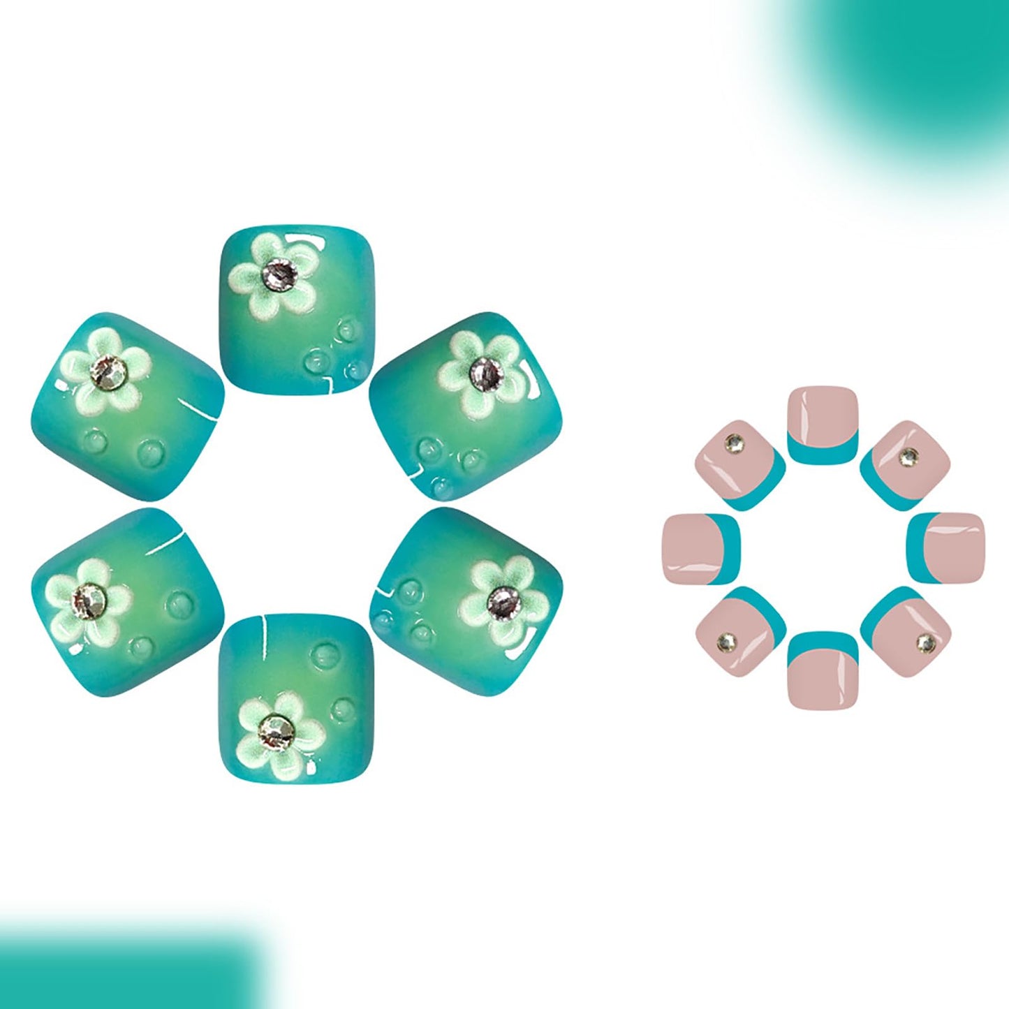 24Pcs Spring Summer Press on Toenails,Short Square Fake Toe Nails Green French with 3D Flower Rhinestones Designs Acrylic Toe Nail Press Ons Full Cover Glossy Stick on Toenails for Women