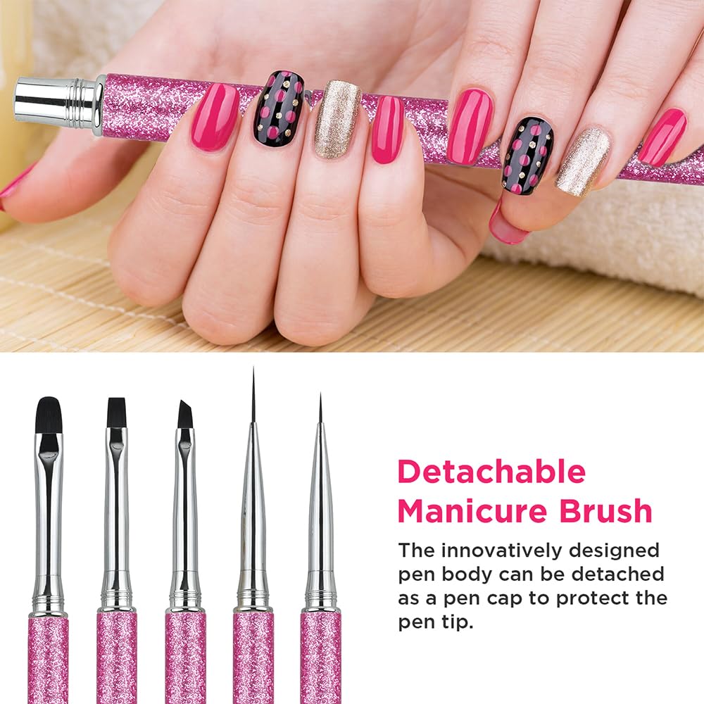 YIHUALE 5 PCS Nail Art Brush Set, Nylon Bristles and Alloy Handle, French Clean-Up, Detail Liner, Builder & Gel Brushes for Salon Home DIY Use (Pink)