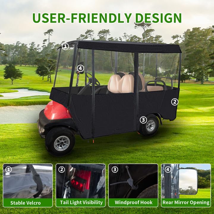 Tecoom Golf Cart Enclosure 2+2/4 Passenger, Golf Rain Cover 600D Waterproof Snowproof, 4 Door Zippers, 4-Side Clear Windows and 8 Windproof Hooks, Fit for EZGO, Yamaha, Club Car, Roof 82.7''L