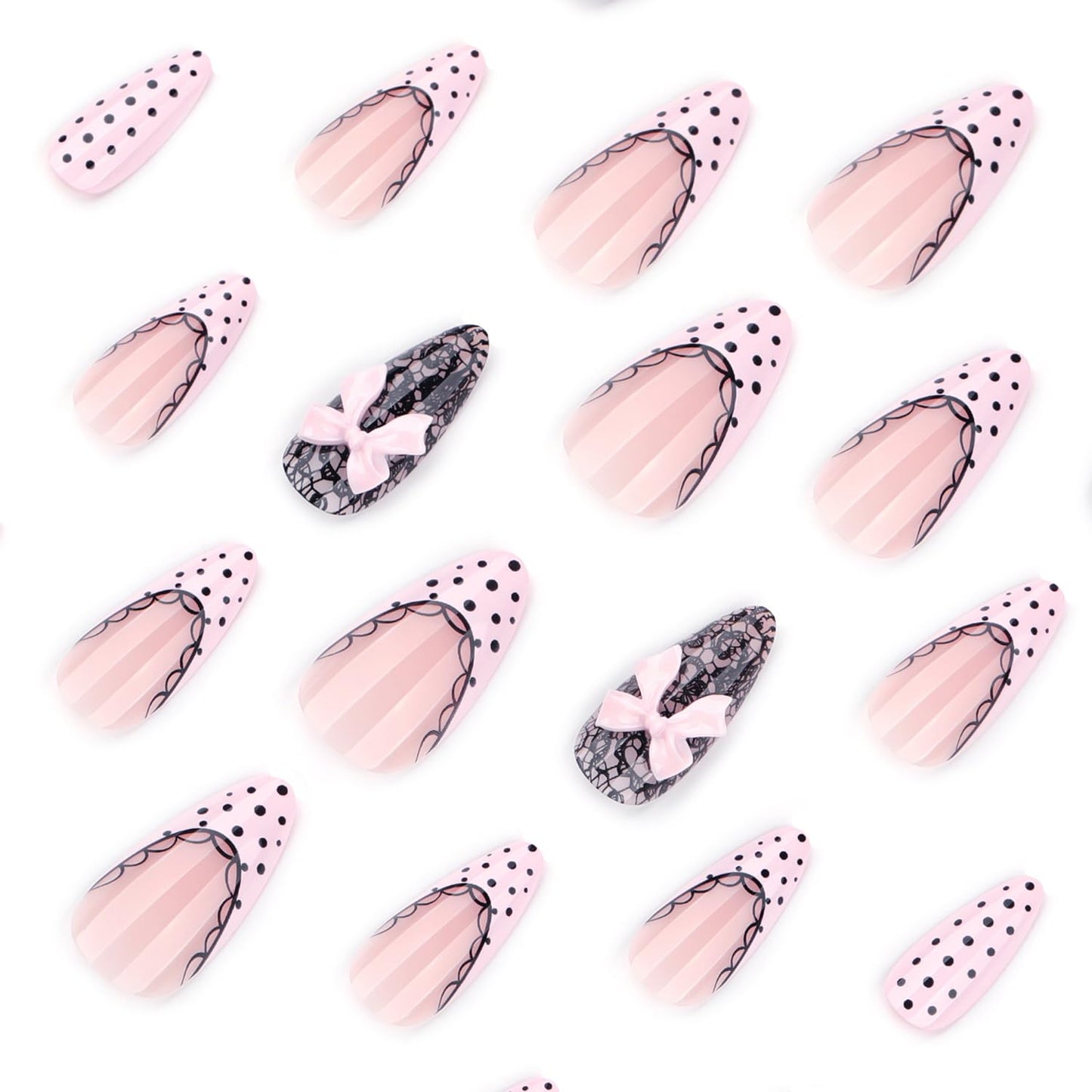 Pink Polka Dot Press On Nails Medium Almond Fake Nails Bow False Nails With Black Lace Designs Acrylic Nail Press Ons Full Cover Stick On Nail Glossy Glue On Nail For Women 24Pcs