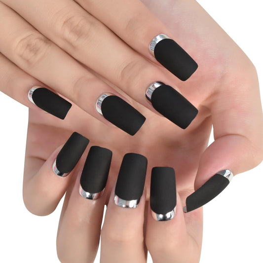 iMABC Matte Black Silver Metallic French Press On Nails Medium Length Square False Women Girls Nail Art Reusable Fingernails Datechable Acrylic Manicure For Daily Dating Office Home Party (24pcs)