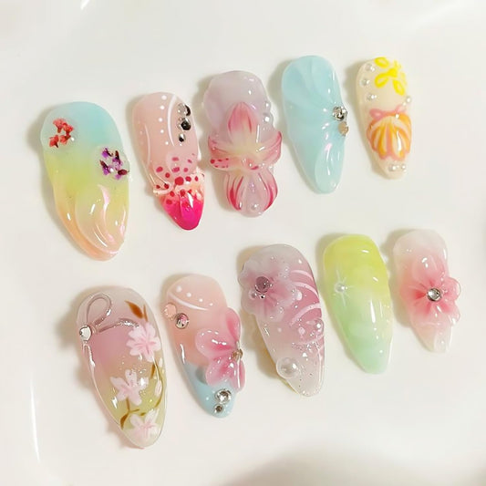 24Pcs 3D Flower Press on Nails Medium Almond Fake Nails with Silver Glitter Bow Rhinestones Design Cute Butterfly False Nails Full Cover Artificial Glue on Nails Stick on Nails for Women Acrylic DIY