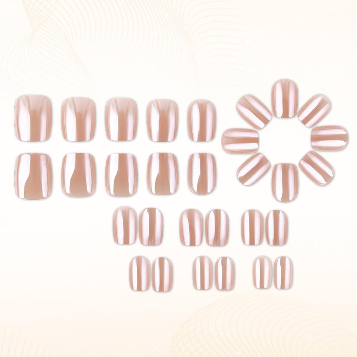 Short Press on Nails Square - Nude Chrome Fake Nails with Design, Reusable Artificial Glue on Nails for Women Manicure 24 Pcs