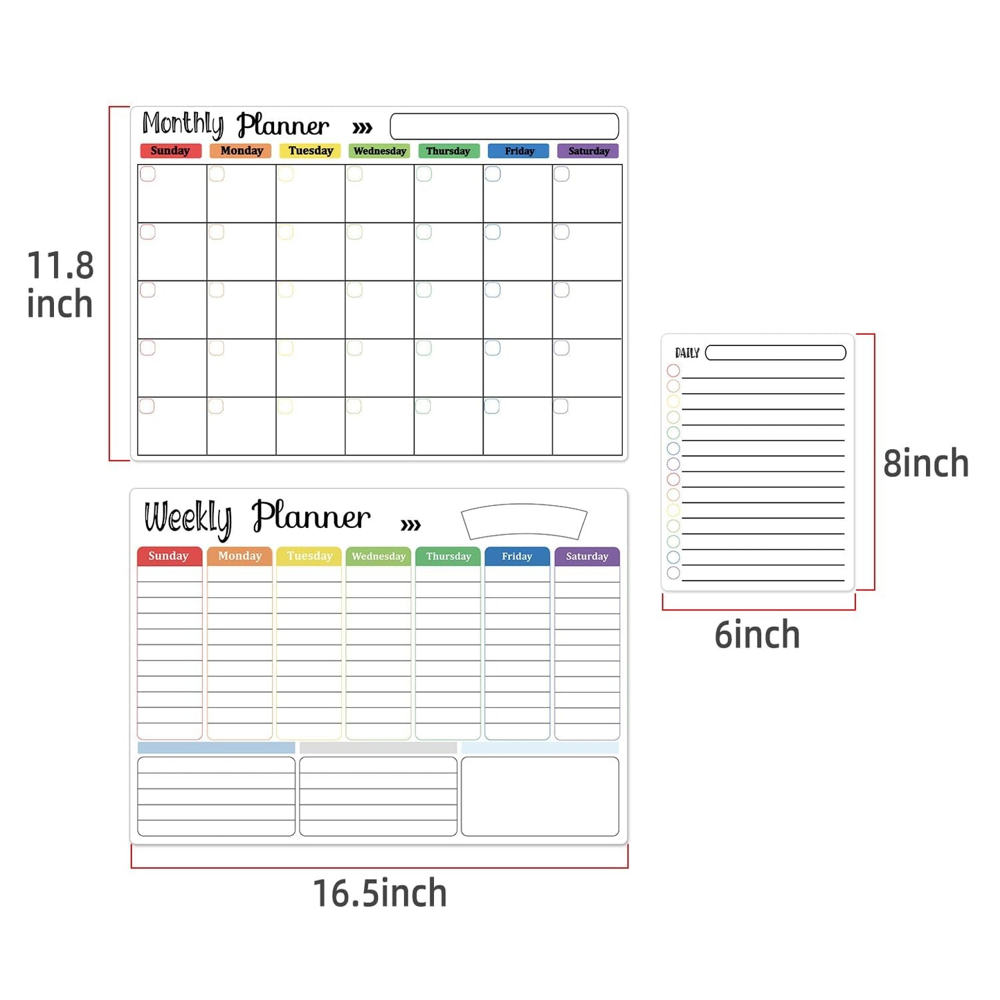 Hivillexun Magnetic Dry Erase Calendar Whiteboard Set (3-Pack) for Fridge, Wall, and Refrigerator Organization – Monthly, Weekly, and Daily Planners with 8 Markers and Eraser