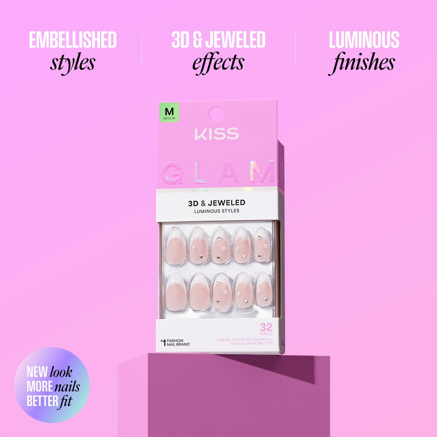 Kiss Glam, Press On Nails, Nail glue included, 'Captured', White, Medium Size, Almond Shape, Includes 32 Nails, 2g Glue, 1 Manicure Stick, 1 Mini File