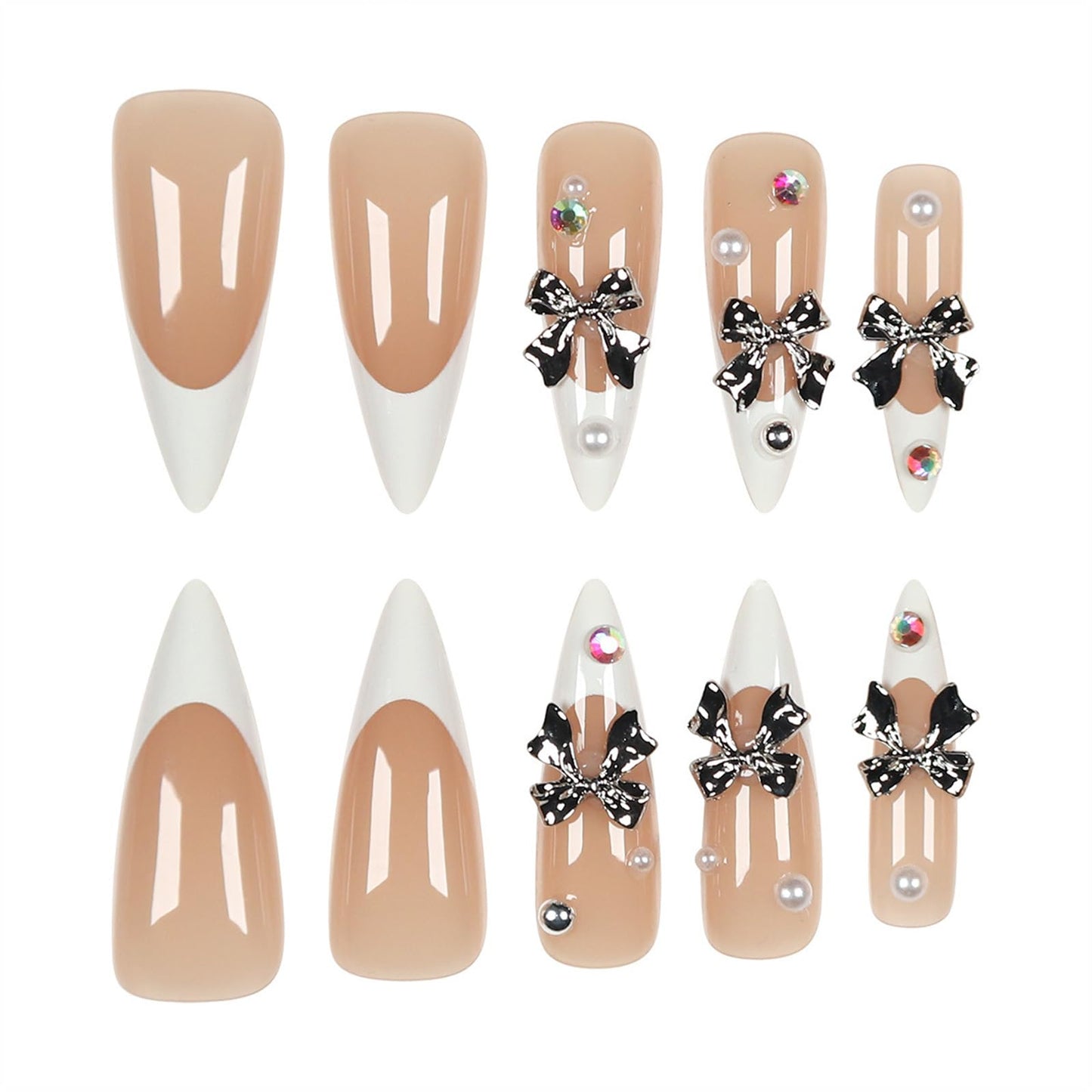 SINHOT Stiletto Press on Nails Long Fake Nails Glossy Glue on Nails 3D Silver Bowknot Acrylic Nail White French Tip Almond Artificial Nail Rhinestones False Nail with Design 24 pcs
